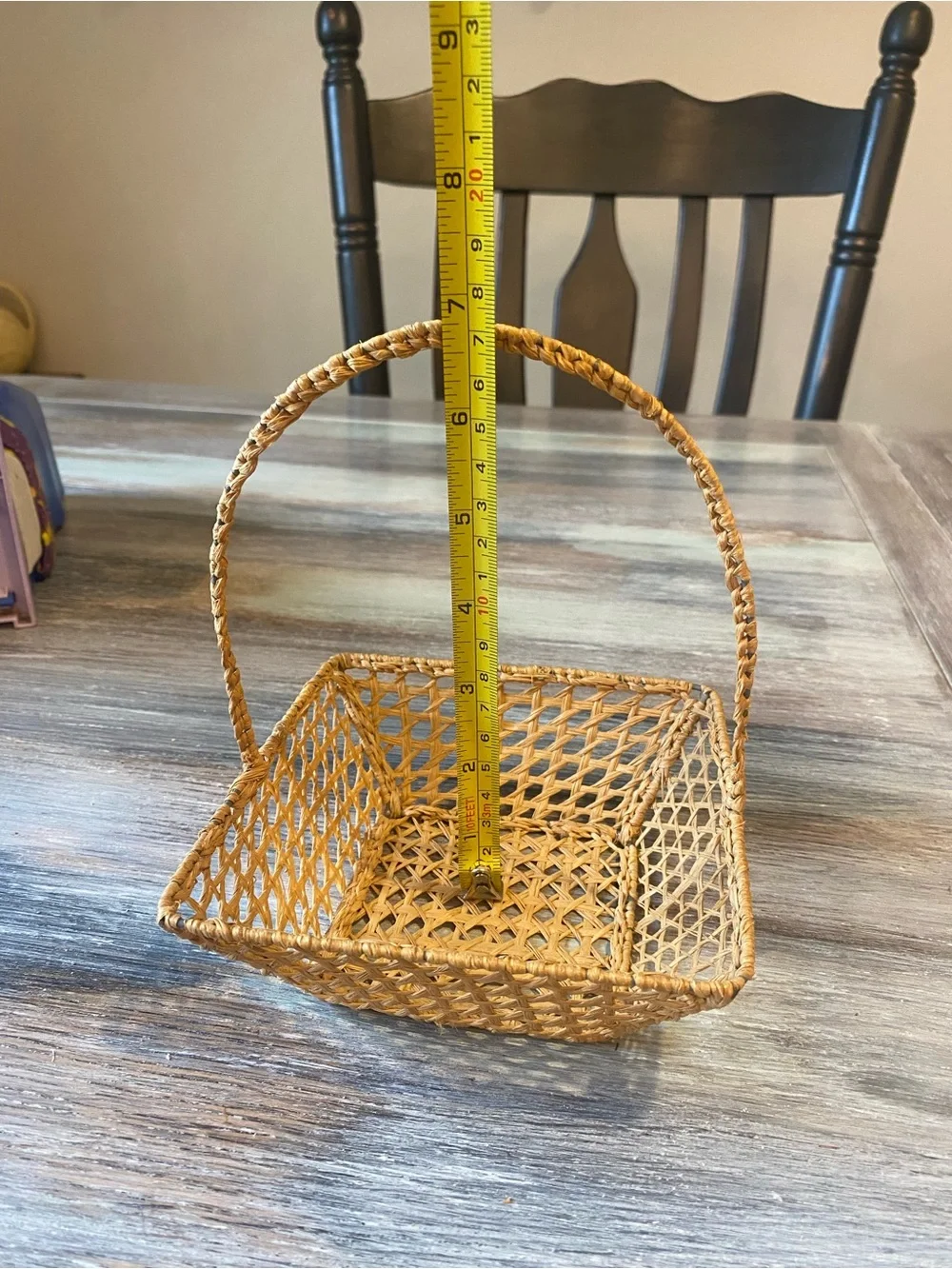 Handcrafted Square Basket Open Hexagonal Weave Handle Vintage Folk Art Primitive